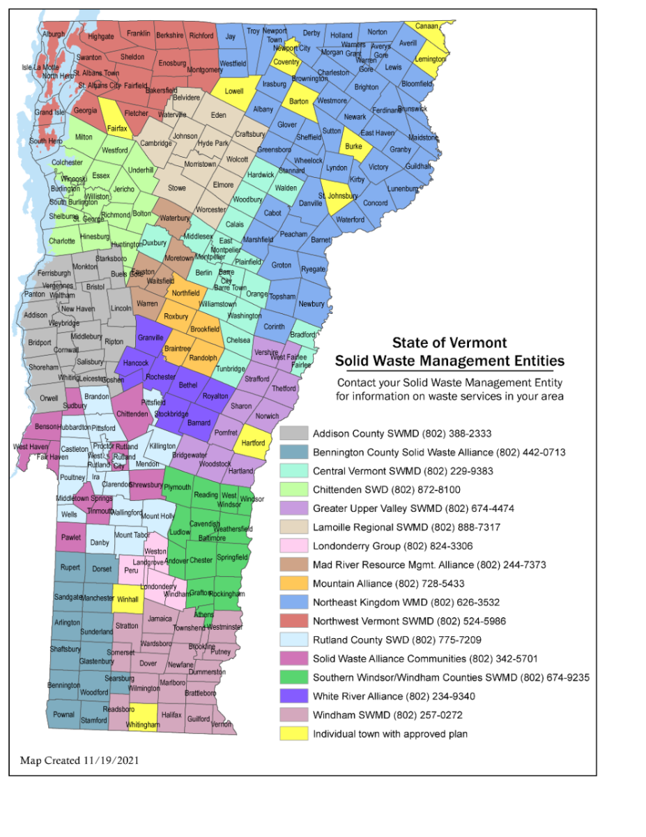 Map of Vermont that shows the geographic areas of solid waste districts and towns
