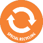 A bright orange circle with white text at the bottom saying "Special Recycling". Above the text, two white arrows point at eachother to form a circle. 