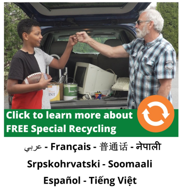 Pictures of a grandfather and grandson standing in front of a car trunk filled with materials to recycle, such as electronics and paint.