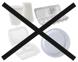 Photo of expanded polystyrene cups, plates, egg carbon, and takeout container with a large black X going through them