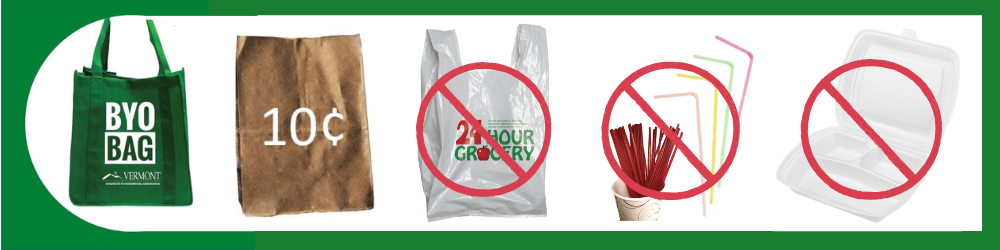 A series of images including a reusable bag with the "BYO Bag" logo, a paper bag overlaid with 10 cents, and a plastic grocery bag, plastic stirrer sticks, plastic straws, and a foam takeout container, each overlaid by a red circle with a diagonal slash through it. 
