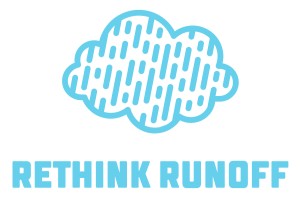 Rethink Runoff Logo,  A drawing of a cloud filled with raindrops hovering above the words Rethink Runoff all in the color sky blue
