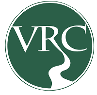 Vermont River Conservancy logo, A green circle with the letters VRC in white in the center where the letter R trails off into a river