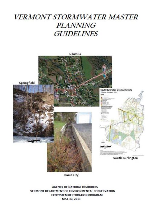 Cover of the Vermont Stormwater Planning Guidelines, Title, and Photos