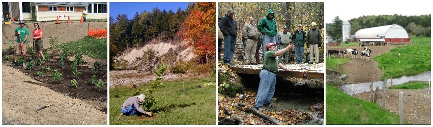  Two people planting a rain garden, river buffer planting, Skidder bridge, and Red barn with cow near restored stream