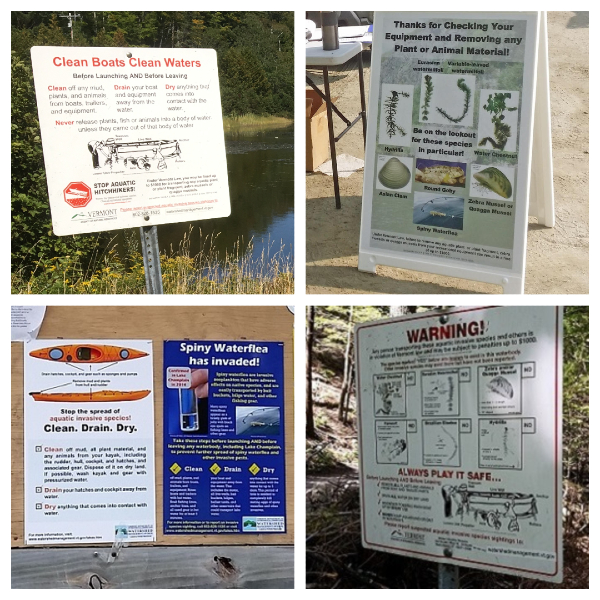 Four pictures of signs that inform people about Aquatic Invasive Species