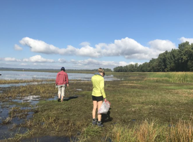 Two people seen walking in a muddy area to the right of a body of water.