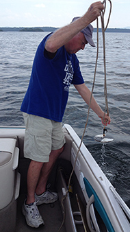 Richard using a Secchi disk to measure water clarity