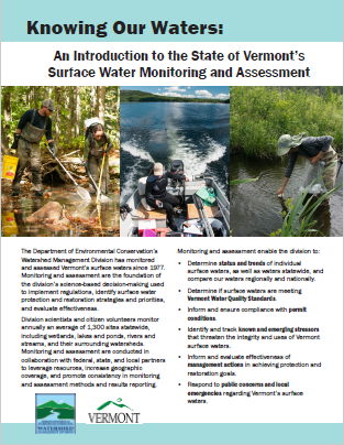An infographic showing the Monitoring and Assessment Program doing work in a forest stream, a lake, and a marshy area
