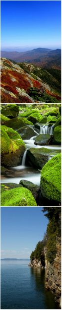 collage including mountaintops, stream with moss-covered rocks, and cliff along a lake edge