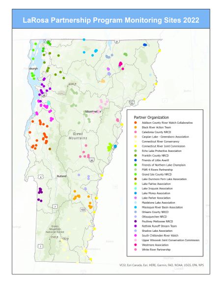 A image of Vermont with LaRosa Partnership Program Monitoring Sites plotted on it