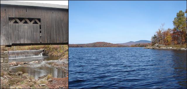 collage of Green River Covered Bridge and Crib Dam- Guilford, built 1870 and Somerset reservoir