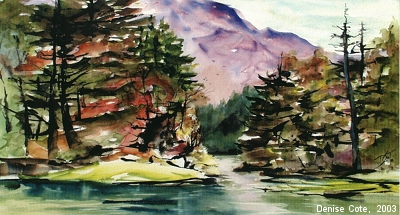  The Pass, Eden, VT, 2003 by Denise Cote - artist's depiction of trees, mountains, and river