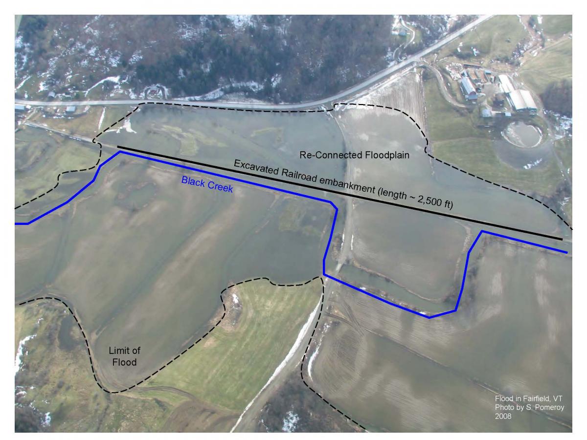 Aerial view of land encompassing Rail-Trail Floodplain Restoration Project, with associated features depicted 