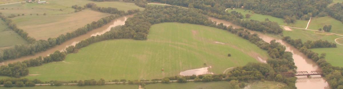 Aerial view of a rive and surrounding farm fields