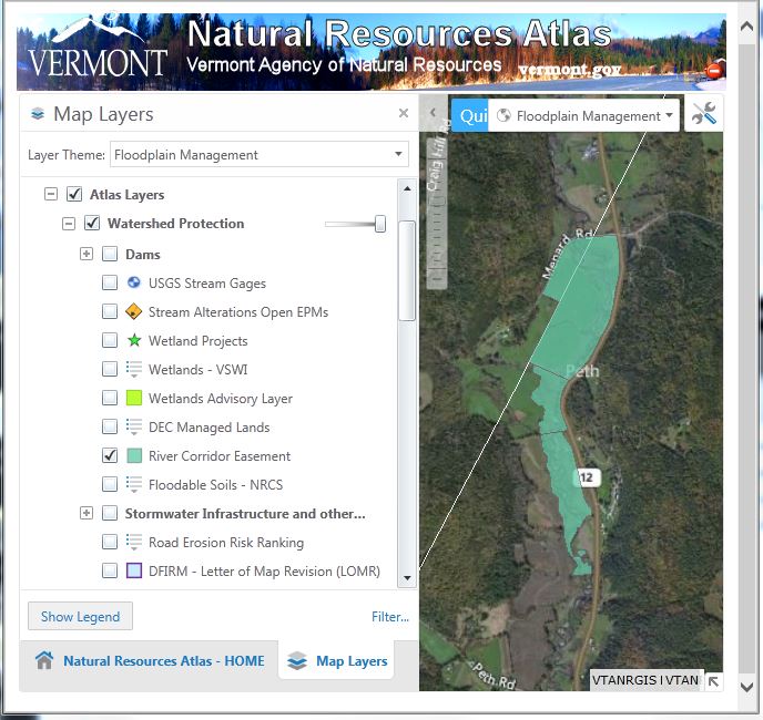 Screenshot of Natural Resources Atlas showing River Corridor Easement