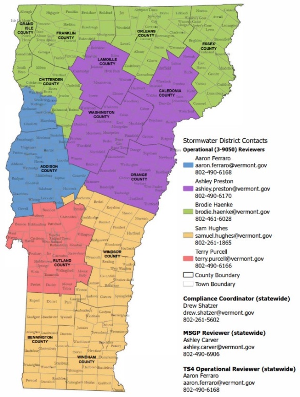 A screenshot of the stormwater operation district map.  An outline of the state of Vermont is seen with different areas of the state shaded in different colors.  The northern section is green.  West central is blue, east central is purple, Rutland county is red and Windsow, Bennington, and Windham counties are Orange.