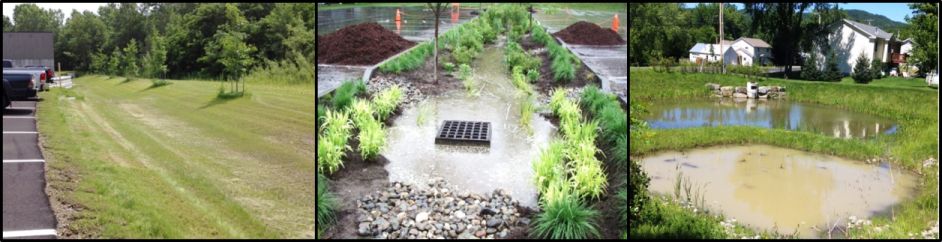 collage of Stormwater BMPs - swaled area next to parking lot, raingarden, retention ponds