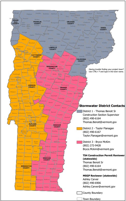 A screenshot of the stormwater construction district contacts map.  An outline of the state of Vermont is seen with different areas shaded in different colors.  The southwest is orange, the southeast is pink and the northern third is a steel blue.