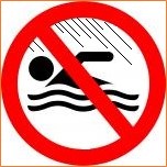 Contact Recreation Caution - Swimming.  Similar to a road sign.  A black image of a person swimming on a white background.  All is surrounded by a red circle with line through it indicating no swimming.