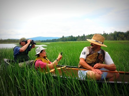 Clyde River Wildlife Viewing.  Three people are seen in a canoe surrounded by sedges.