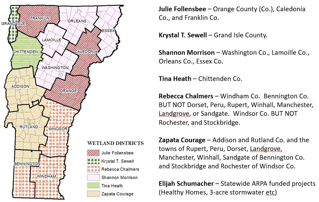 An map of Vermont showing the district reviewer assignments in different colors