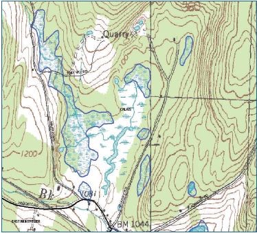 Topographical map showing wetland areas