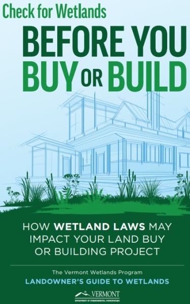 A screenshot of the cover of the Landowner's Guide to Wetlands.  It shows a drawing of a house in a drawing of a field.