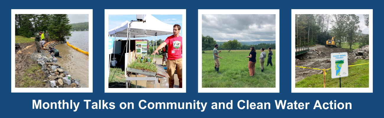 Four photos depicting people implementing clean water projects have a white border against a blue backdrop. Text above reads 