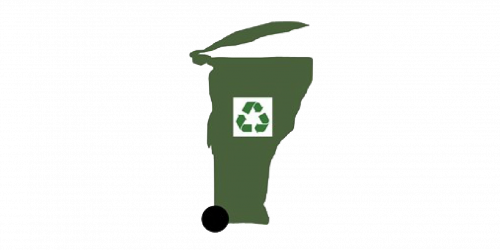 The shape of Vermont configured as a trash tote with the lid slightly open and the chasing arrows recycling symbol on the side