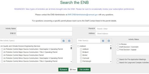 A Screenshot of the ENB.  Multiple search bars are seen with check lists below them.