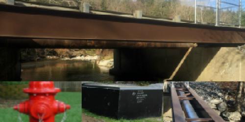 collage of steel I beam bridge, fire hydrant, and precast manhole