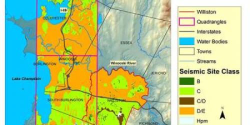 Colorful map showing a portion of the Vermont seismic classification