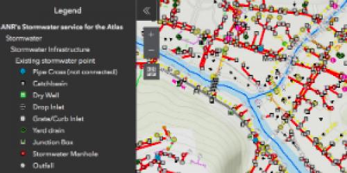 Map with legend showing storm water, waste water, and drinking water infrastructure 