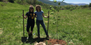 Two people holding shovels in a riparian buffer planting